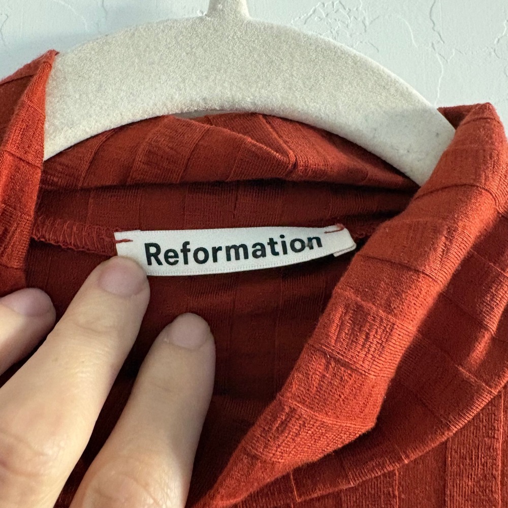 Reformation Libra Knit Dress XL Oxide Rust Ribbed Mock Neck Long Sleeve Mini - Picture 7 of 7